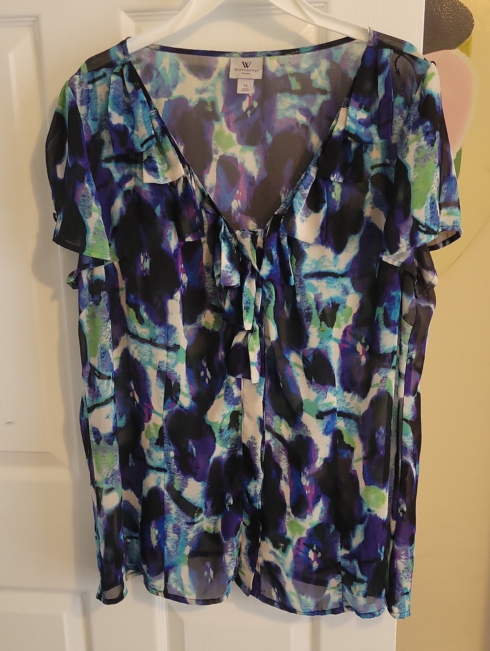 Worthington Sz2X Abstract Sheer Watercolor Ruffle Vneck Tie-Front Sheer Blouse